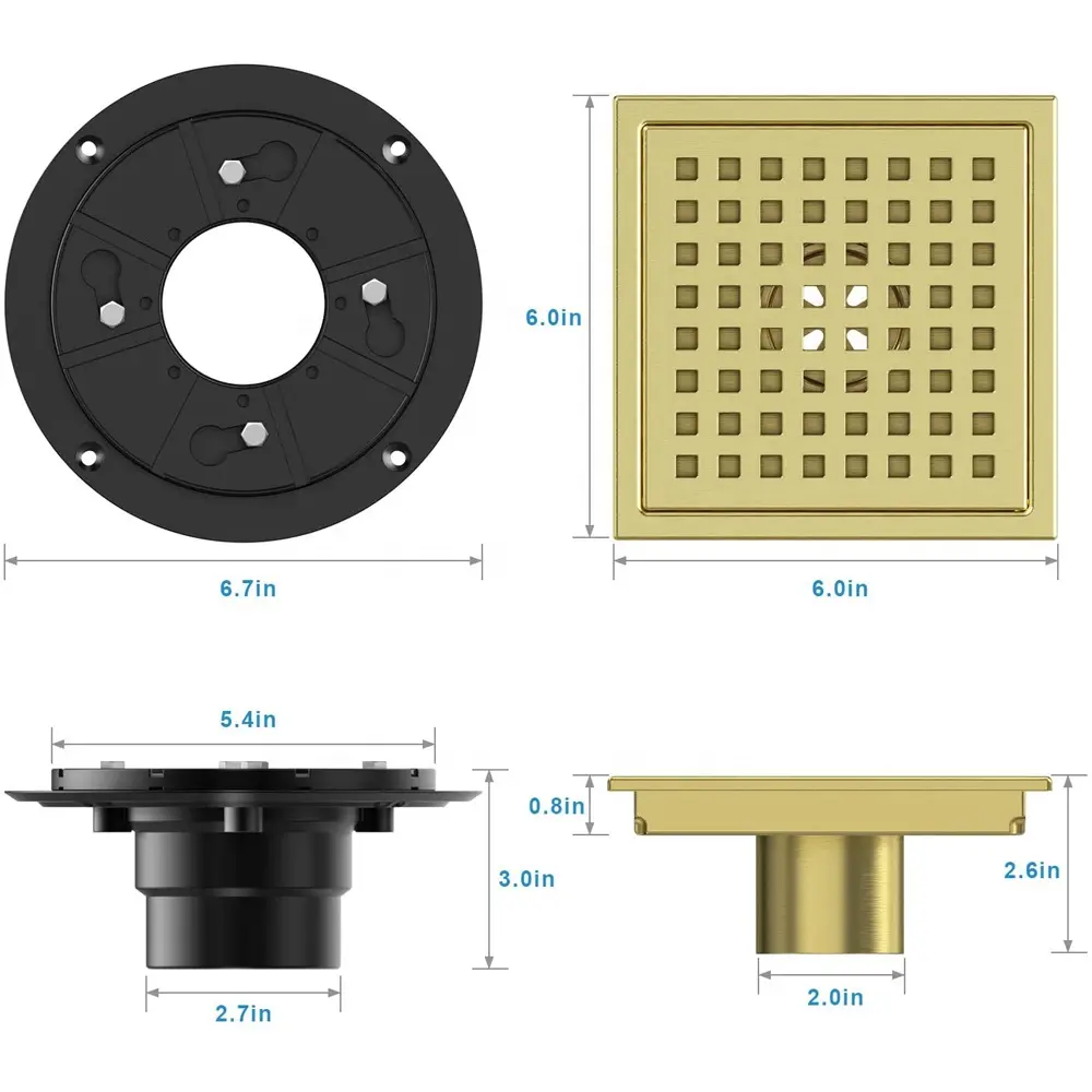 أداة التصريف مربعة الشكل قابلة للإزالة, 6 بوصة ، تصميم مربع ، فوهة مربعة ، مصرف الذهب