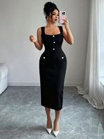 Robe longue pour femme, style vintage, décontractée et professionnelle, sans manches, avec poches, coupe crayon, taille haute, col carré, en polyester et élasthanne, pour le printemps