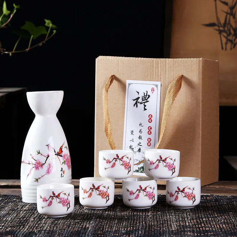 7 Pieces Sake Set Porcelain Pottery Traditional Gift Box Ceramic Wine Glass Japanese Sake Set