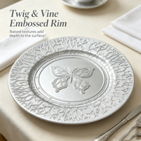 Assiette de présentation en plastique PP gaufré motif corail papillon, revêtement argenté personnalisé, pour banquets, mariages et décorations de table festives
