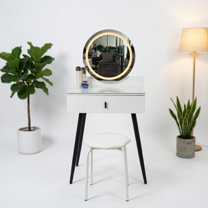 Modern <b>Makeup</b> Vanity Table with Lighted <b>Mirror</b> and Storage Drawer for Bedroom Furniture - Product Image 3