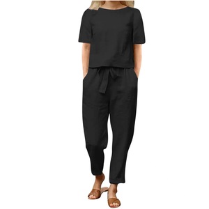 Set di Abbigliamento Casual da Donna <span class=keywords><strong>Taglie</strong></span> Forti, T-Shirt in Cotone e Lino con Collo Tondo e <span class=keywords><strong>Pantaloni</strong></span> Aderenti Sopra il Ginocchio - Product Image 5