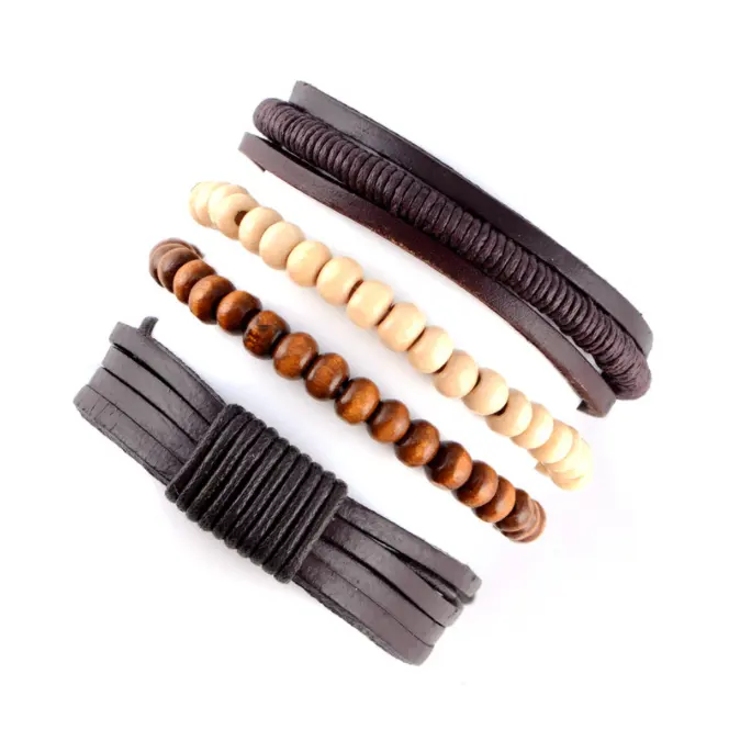 Nouveau bracelet en cuir fait à la main, perles en bois de coquille de noix de coco, chaîne à main, quatre ensembles de bijoux pour hommes