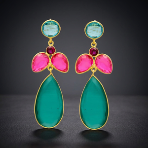 Nouvelles boucles d'oreilles pendantes ethniques élégantes multi-pierres plaquées or pour femmes, idéales pour les fiançailles, les fêtes et les mariages - Product Image 3