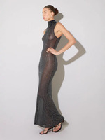 Robe longue élégante pour femmes, en dentelle transparente, avec lacets, tissu en maille et bordure en strass, sans manches, longueur au sol