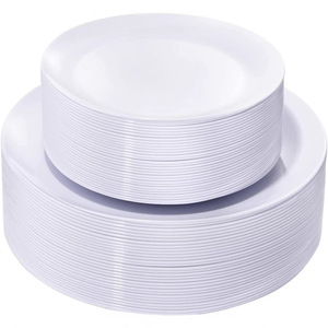Assiettes en plastique rigide réutilisables, blanches et noires, assiettes à dessert, assiettes de fête avec bord doré - Product Image 1