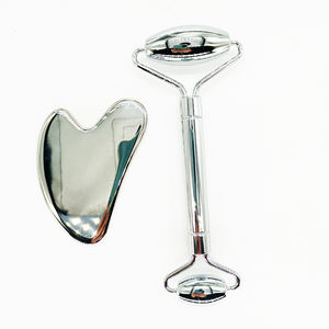 Wholesale Metal Stainless Steel Skin Lift Body Massage Silver 3D Face Roller Gua Sha Set - Product Image 3