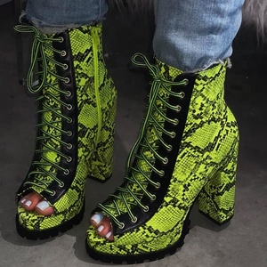 High Chunky Heel Lace up Women <b>Ankle</b> Boots Med Platform Women Shoes Breathable Snakeskin Print Side Zip Peep Toe Short <b>Booties</b> - Product Image 1