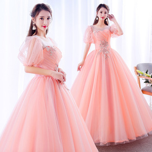 Pink Evening Gown With Off Shoulder Design Puff Sleeves Long Skirt Stage Performance Women's Dress - Product Image 1