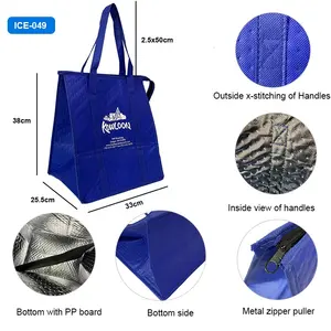 Heavy Duty Reusable Blue thermal insulated grocery cool carry Non woven cooler lunch bag for frozen food and restaurant