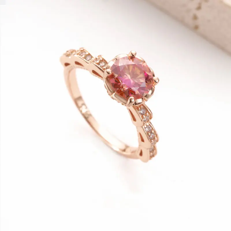 Anillo de Bodas de moissasnita de forma redonda rosa de 1 quilate para mujer, placa de oro rosa, joyería fina de Plata de Ley 925, anillo de diamantes para mujer