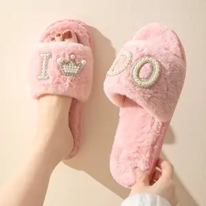 Women's Open toe furry Memory Foam House Bedroom winter fur Slippers for Women Bridesmaid I Do Crew Slides