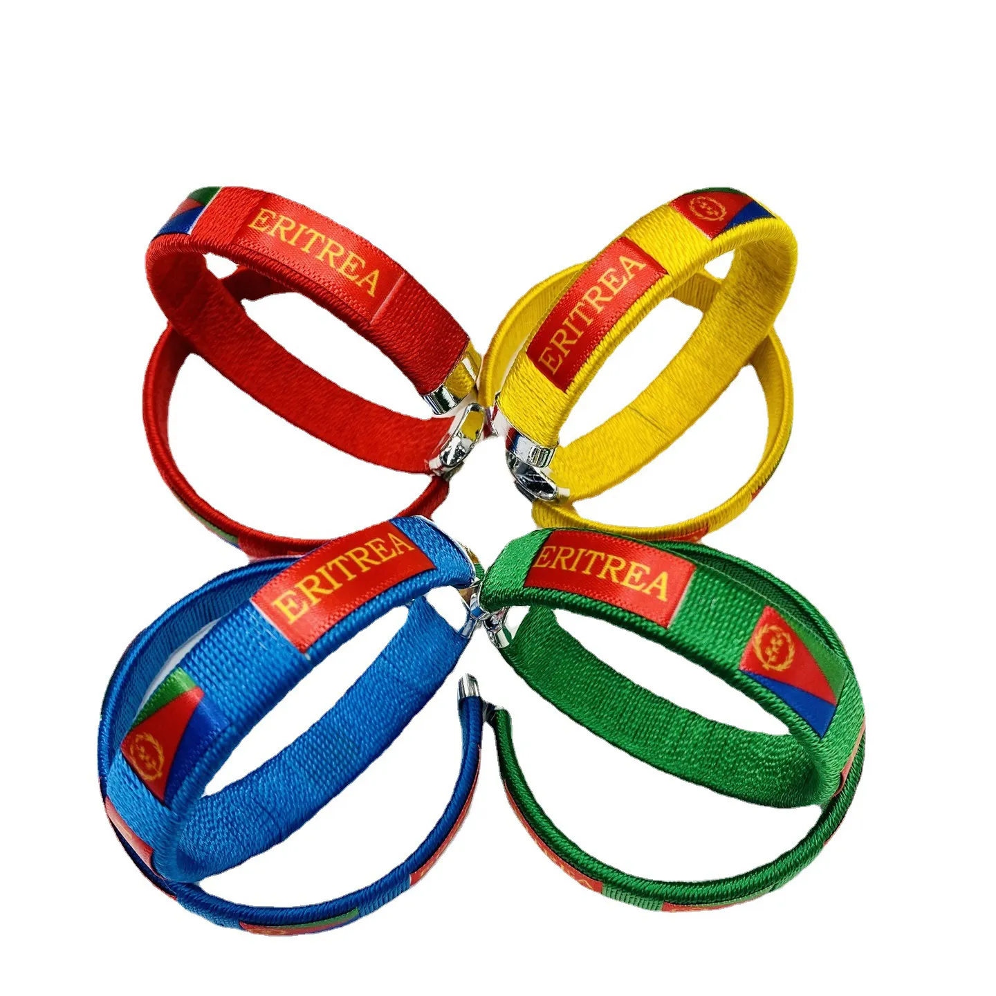 Fabriek Oem Groothandel Eritrea Land Nationale Vlag Ontwerp Flexibele Metalen Nylon Armband Polsband Voor Voetbal Fans Geschenken