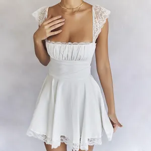 French Women's Summer New Lace Square Neck Halter Dress Elegant Slim Sleeveless Backless White Casual Dresses