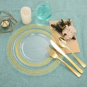 금 변죽 식기류 세트를 가진 황금 투명한 플라스틱 판 결혼식 발표 금 상품 식기류 고정되는 명확한 판