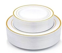 Assiettes en plastique personnalisées de luxe, jetables, écologiques, lavables au lave-vaisselle, réutilisables, avec bordures dorées ou argentées, pour les fêtes
