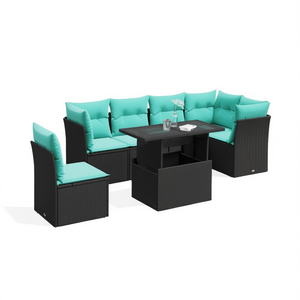 Juego de sofás de jardín de ratán sintético negro de 7 piezas con cojines, muebles de exterior, diseño contemporáneo - Product Image 1