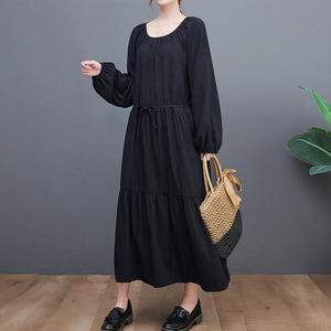 <span class=keywords><strong>Robe</strong></span> décontractée en coton lin vert uni pour femmes hiver automne Maxi avec col rond manches longues bouffantes ceinture poches-mode respirante - Product Image 6