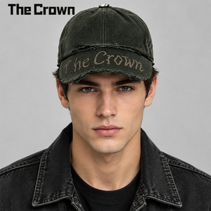 Gorra de béisbol de seis paneles de sarga de algodón lavado con efecto desgastado, gráfico de letras en la corona, visera deshilachada, estilo vintage streetwear, personalizada, al por mayor - Product Image 1