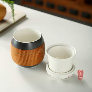 Bamboo Woven Ceramic Panda Cup With Lid Portable Travel Water Cup - Product Image 3