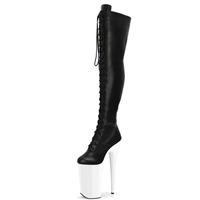 Bottes à bout rond rétro de 26cm au-dessus du genou Talons super fins 10 pouces Bande Pole Dance Lacets Discothèque Danseuse exotique Gothique pour femmes
