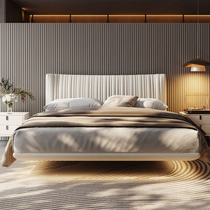Juego de cama flotante moderno en forma de concha, cama de cuero tapizado de diseñador de estilo crema, marco de cama King de Hotel de lujo con luz - Product Image 2