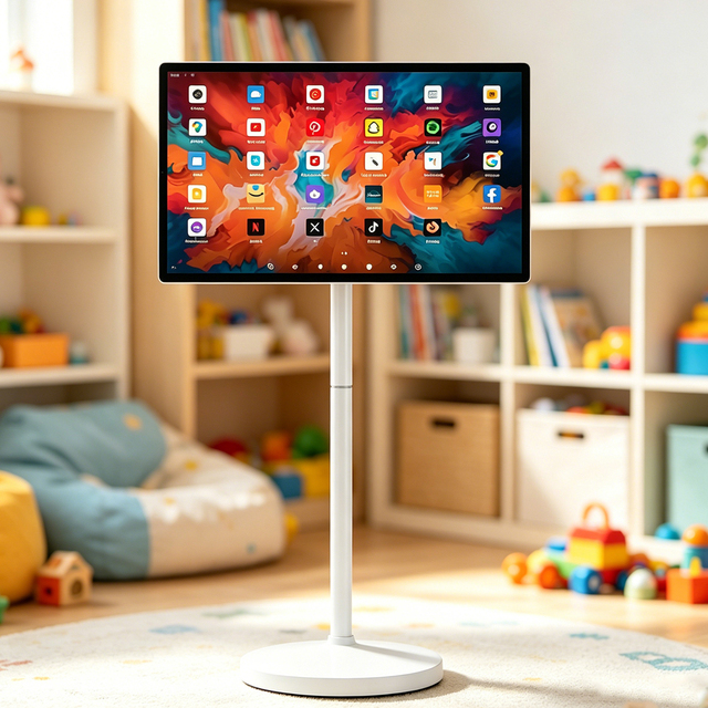 Portable HD Smart Screen Floor Stand 22'' 24'' 27'' 32" White Rotating Mobile TV with Wheels for Home Entertainment