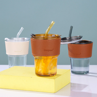 Tasse à café en verre ambré gris de luxe de 450ml 15oz Design créatif avec couvercle en cuir Portable paille Premium Drinkware