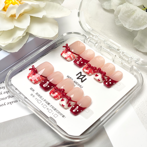 <span class=keywords><strong>Uñas</strong></span> Postizas Acrílicas <span class=keywords><strong>Cortas</strong></span> Cuadradas, 10 Piezas, Color Rosa Nude Brillante con Lazo <span class=keywords><strong>Rojo</strong></span> <span class=keywords><strong>Vino</strong></span> y Diseño a Cuadros, <span class=keywords><strong>Uñas</strong></span> Adhesivas de Lujo - Product Image 5