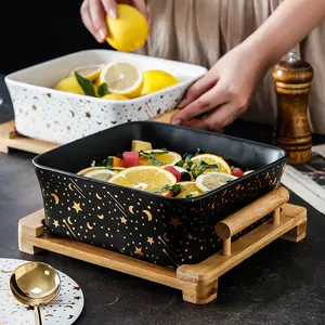 Североевропейская черная квадратная керамическая Салатница для фруктов с мраморным узором и деревянной подставкой, посуда, тарелка для фруктов и закусок