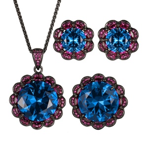 Eco-friendly Copper Blue Jewelry Set 16-10mm Royal Blue Cubic Zirconia Black Gold Fashion Vintage Pendant <b>Earrings</b> Ring Set - Product Image 1