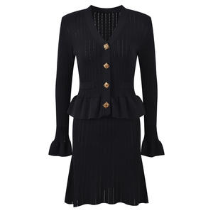 Elegante alta qualità tinta unita con scollo a V manica lunga vestibilità e <span class=keywords><strong>svasato</strong></span> Mini <span class=keywords><strong>abito</strong></span> da donna - Product Image 4