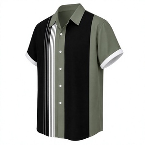 Chemise classique vert-noir contrastée, simple et élégante, à manches courtes, boutonnée, style streetwear. - Product Image 4