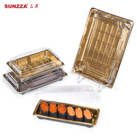 Sunzza-Recipiente de plástico desechable dorado para sushi PET, bandeja de sashimi para sushi de grado alimenticio con tapa antivaho