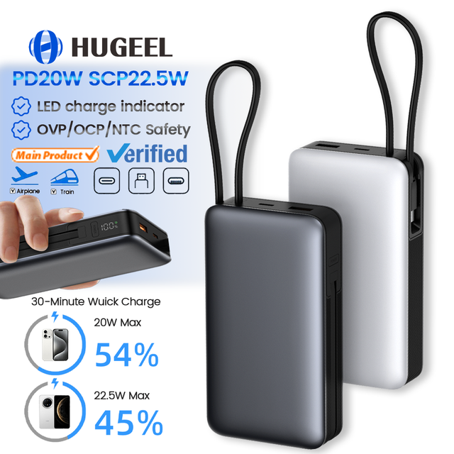 20000mAh Power Banks Battery Portable Phone Charger PD20W Power Station Built-in Cables Powerbank Custom Logo for Phone Earphone