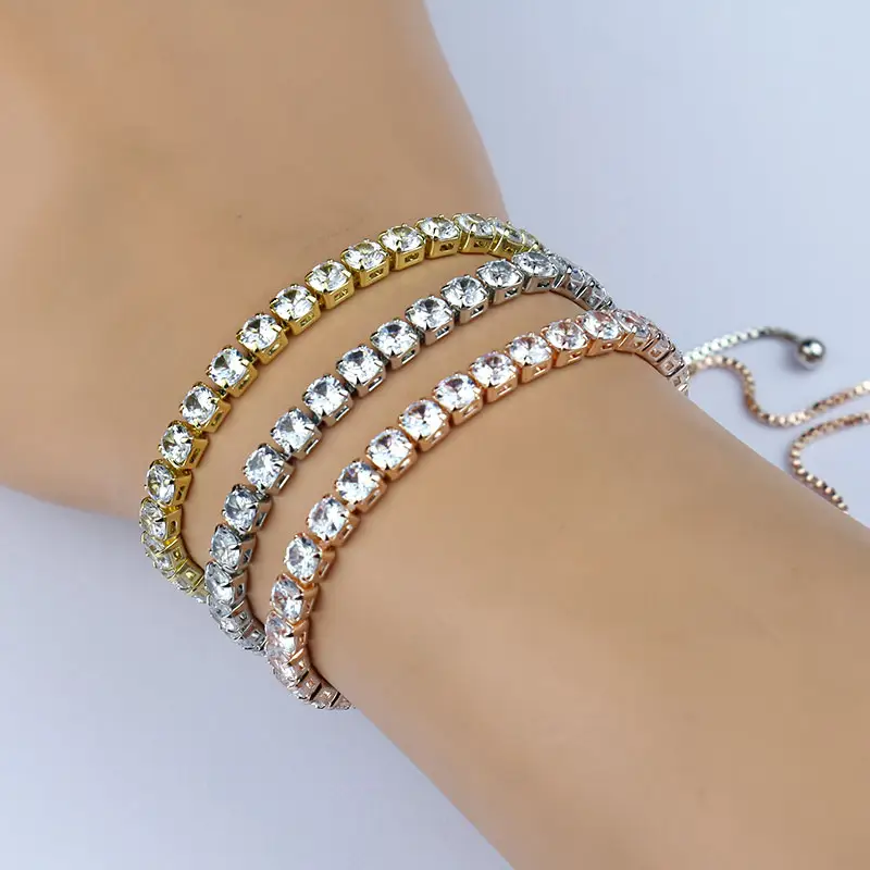 Vente en gros de bijoux tendances en acier inoxydable bracelet ajustable avec chaîne en diamant bracelets tennis incrustés de zircons cubiques 2024