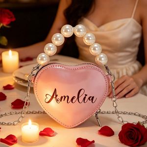 Bolso de Mano de Cuero con Asa de Perlas, Grabado Personalizado con Nombre, Mini Bolso de Hombro Elegante con Cadena, Color Sólido en Forma de Corazón - Product Image 3