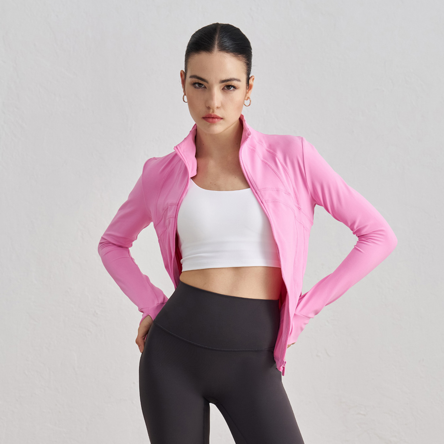 Slim Activewear Stand up Collar Thumb Hole Running Tops Women Gym Fitness Workout Long Sleeve Zipper Yoga Jacket