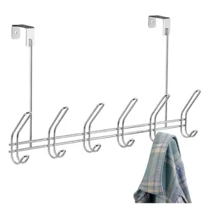 Brushed Chrome 6 Hooks Rack Metal Hanger Over The Door Towel Hook