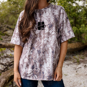 เสื้อยืดพิมพ์ลายดิจิตอลคุณภาพสูงสำหรับผู้หญิง ระบายอากาศได้ดี ทรงหลวม ไหล่ตก ลายพรางป่า สำหรับฤดูร้อน - Product Image 4