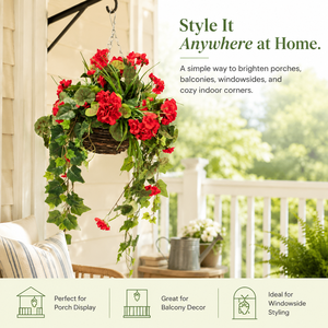 Cesta Colgante con Geranios Rojos Artificiales, <span class=keywords><strong>Hiedra</strong></span> Colgante, Arreglo Floral, Decoración Ecológica para Balcón y Jardín - Product Image 5