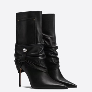 Big Size 47 Women Pointed Toe Mid Calf Booties Buckle Half Knee High <b>Boots</b> Wide Fit High Heels Pleated Shoes - Product Image 6