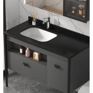 Meuble de salle de bain moderne gris CR 80 cm avec lavabo en céramique intégré et armoire miroir - Product Image 5