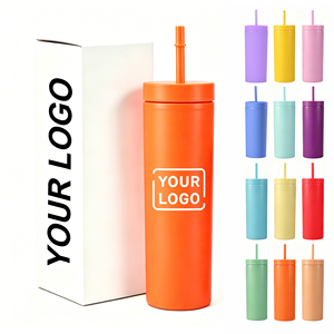 Borracce Promozionali Personalizzate con Logo, in Plastica a Doppia Parete, Bicchieri Acrilici Sottili da 16oz, Tazze per Bevande Fredde con Cannuccia - Product Image 1