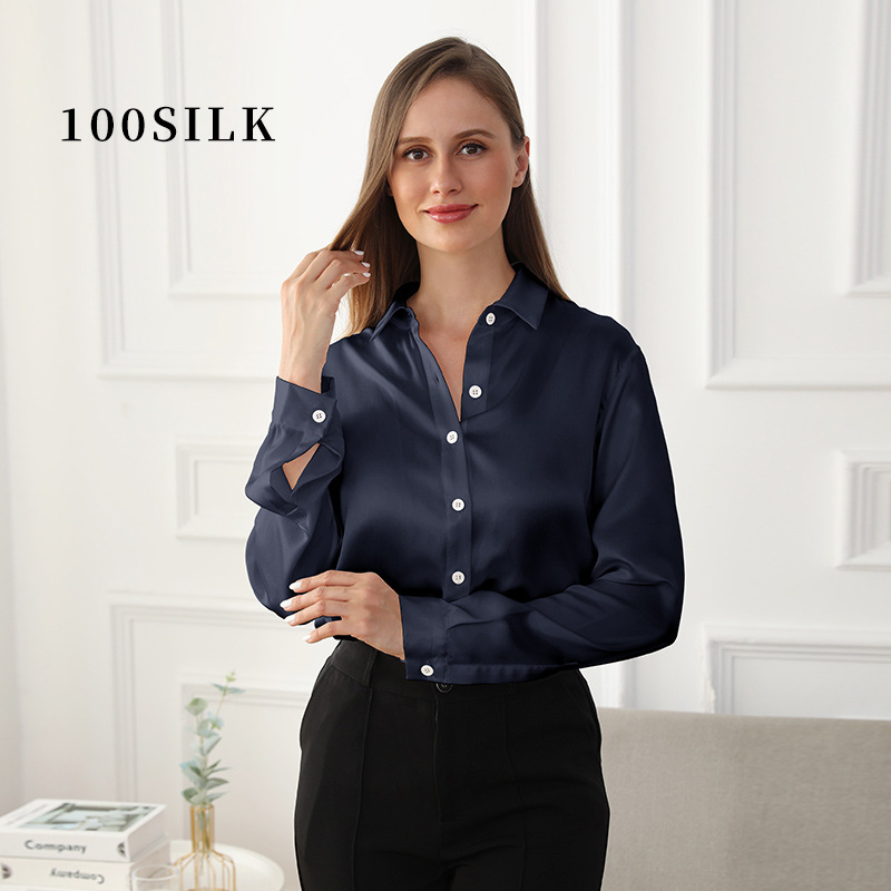 Luxe Stijl Puur Zijde Satijnen Shirt Zijden Blouse Dames Lange Mouwen 100% Moerbei Zijde Shirt