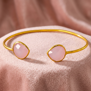Gem Duo Par de Pulseras de Acero Inoxidable Chapadas en Oro de 14K con Piedra Preciosa de Calcedonia Rosa para Mujer - Product Image 4