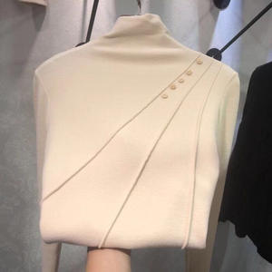 Yeni Sonbahar Kadın Rahat Uzun Kollu Düz Renk Balıkçı Yaka İnce Düğme Kazak Polyester Karışımı Nefes Alabilir Kalın Sıcak Zarif - Product Image 4