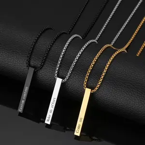 Engraved Custom 3D Vertical t Bar men Silver Gold Necklace Engrave 4 sides Personalized necklacewith box chain for Mothers Day