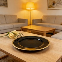 Assiettes de service rondes décoratives en plastique, assiettes de présentation en acrylique noir avec bord doré