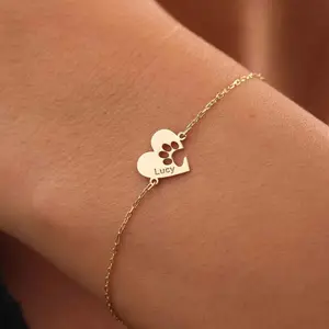 Personalized Paw Name Bracelet Dainty Heart Shaped Paw Stainless Steel Bracelet Jewelry Gift for Her